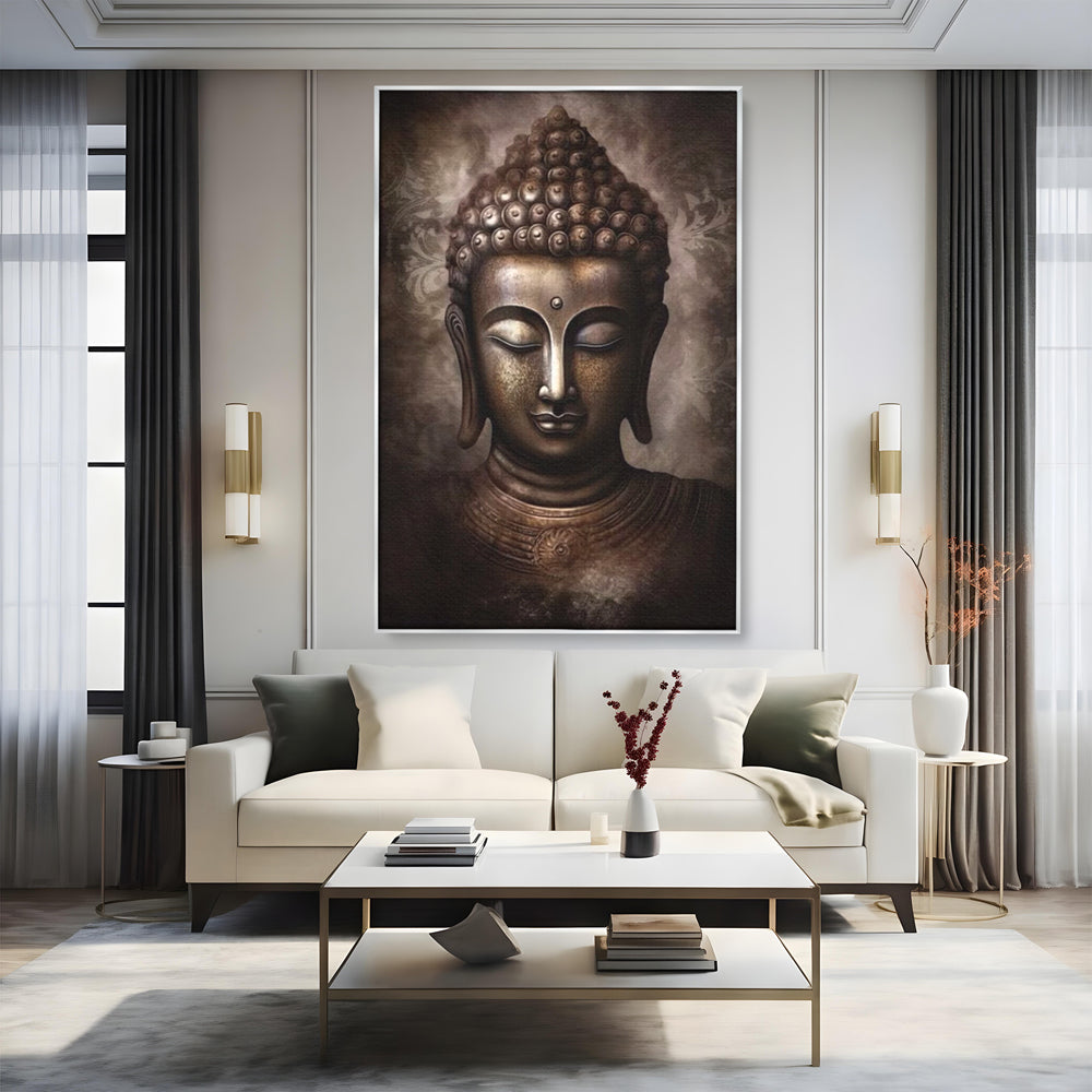 Tablou canvas cu tablou canvas cu portret buddha, in rama de aluminiu argintiu, pe perete intr-un living